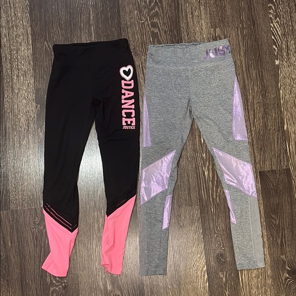 Justice girls size 10 leggings- set of 2 pink & black and purple & gray - Picture 1 of 8